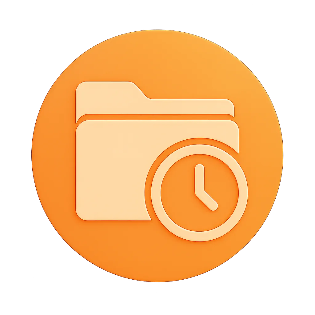 Orange circular icon with a beige folder and a clock symbol.