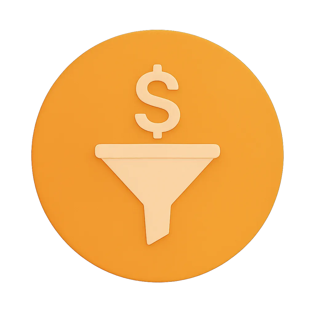 Orange circular icon with a beige funnel and a dollar sign above it.