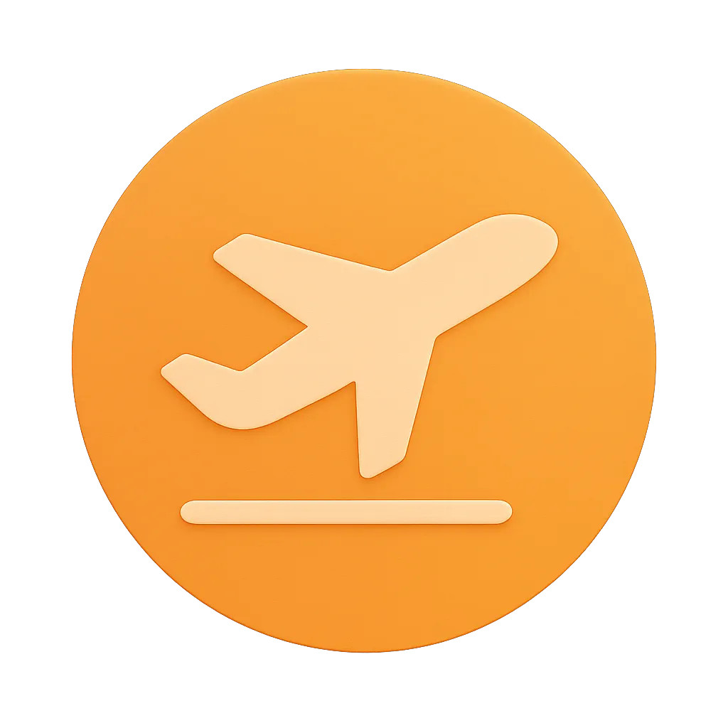 Orange circular icon with a beige airplane taking off above a horizontal line.