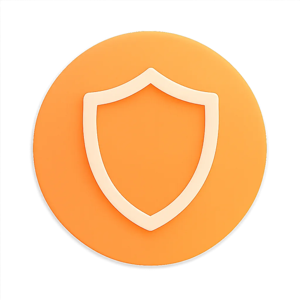 White shield icon on an orange circular background, symbolizing protection or security.