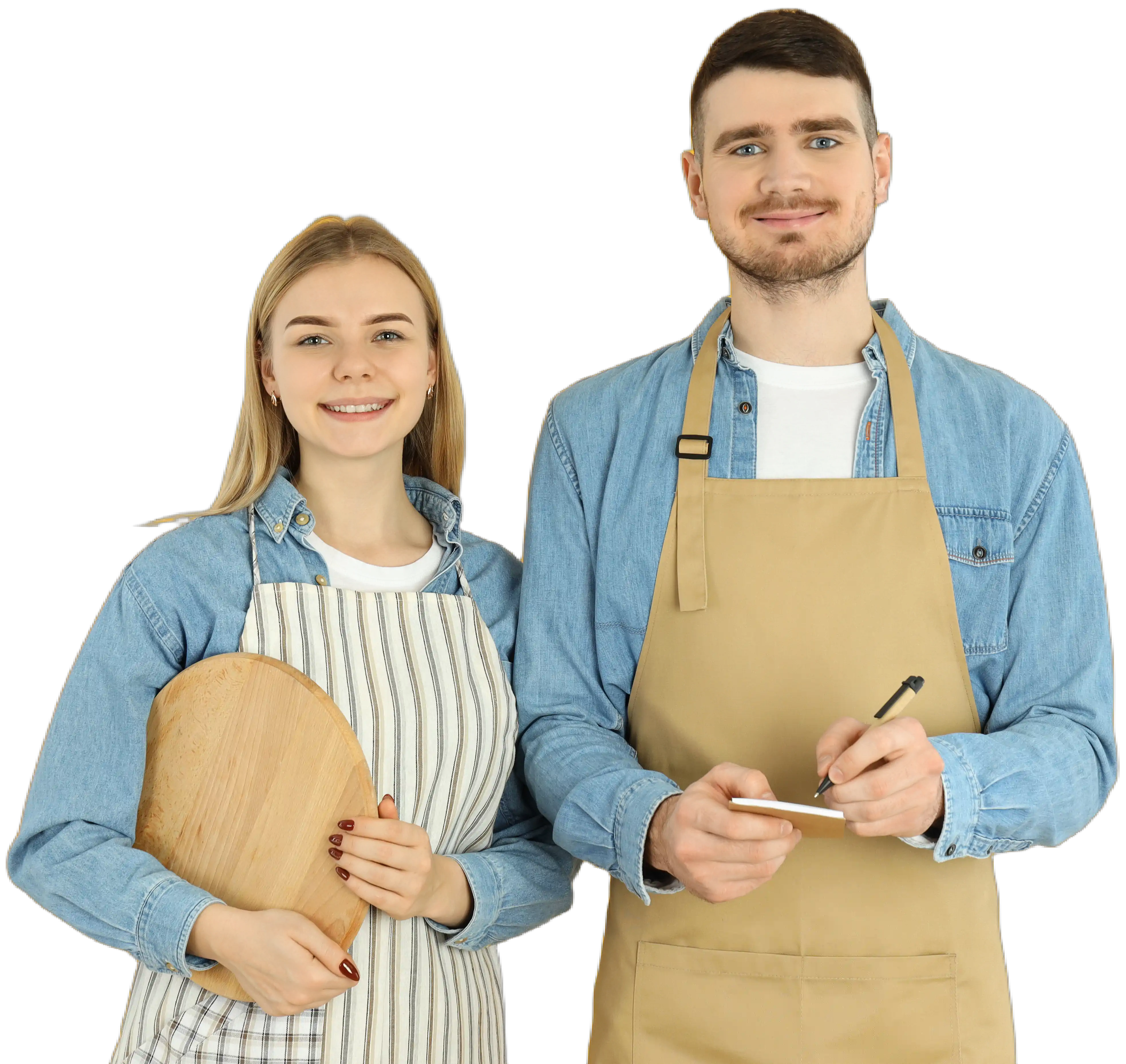 Smiling man and woman wearing aprons, woman holding wooden board, man writing on notepad.