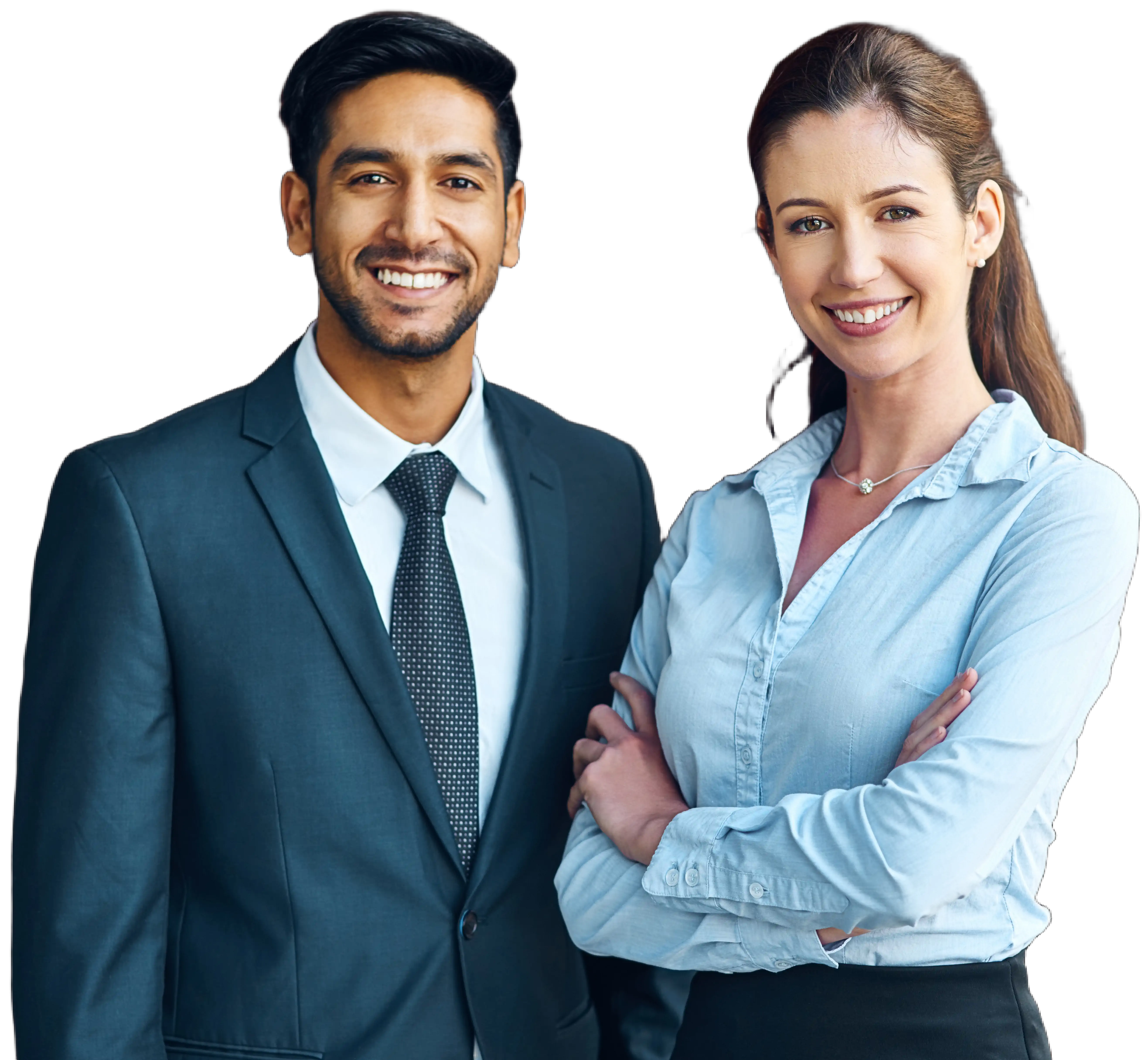 Smiling businessman in a suit next to a confident woman with crossed arms wearing a light blue shirt.