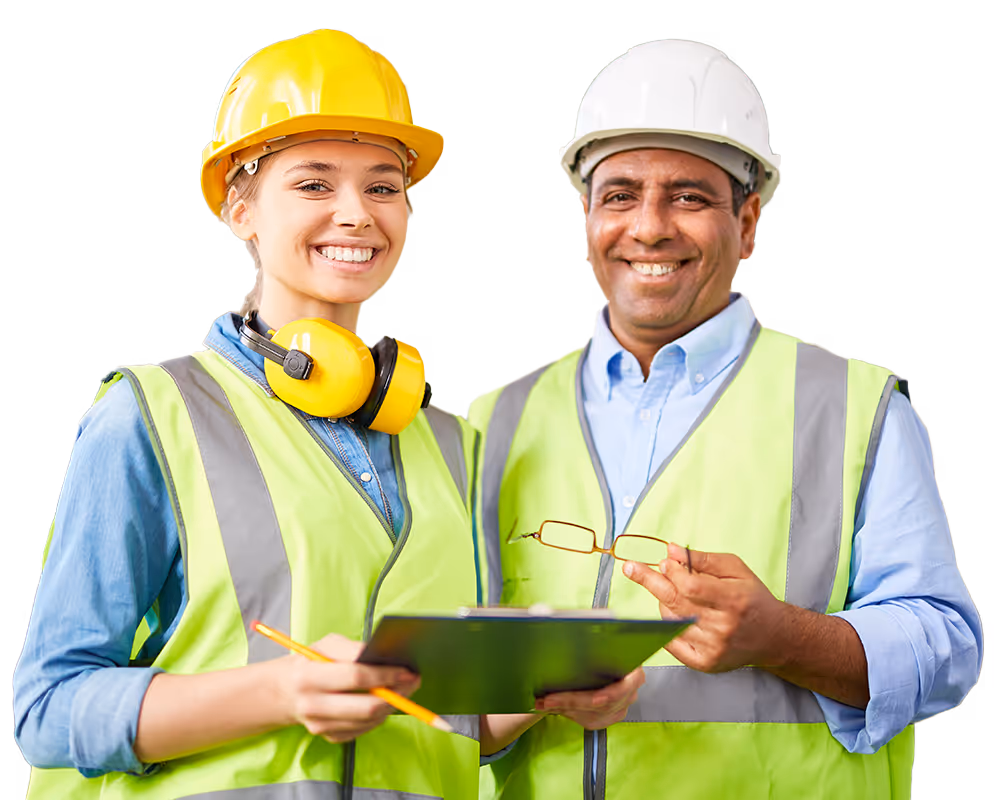 Smiling male and female construction workers wearing hard hats and safety vests, woman holding clipboard and pencil, man holding glasses.