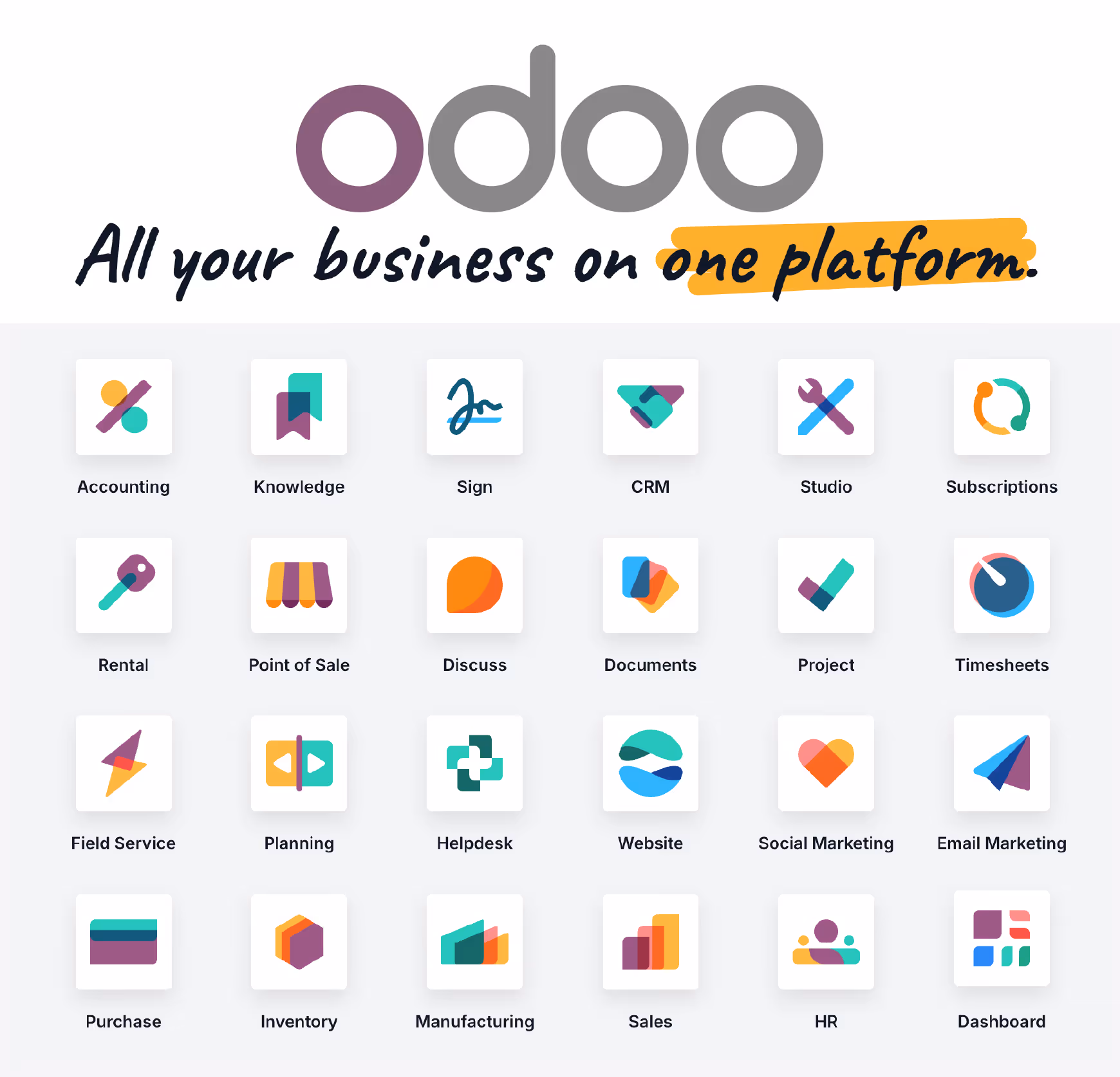 Odoo logo with the slogan 'All your business on one platform' and icons representing 24 business management applications like Accounting, CRM, Project, Sales, and HR.