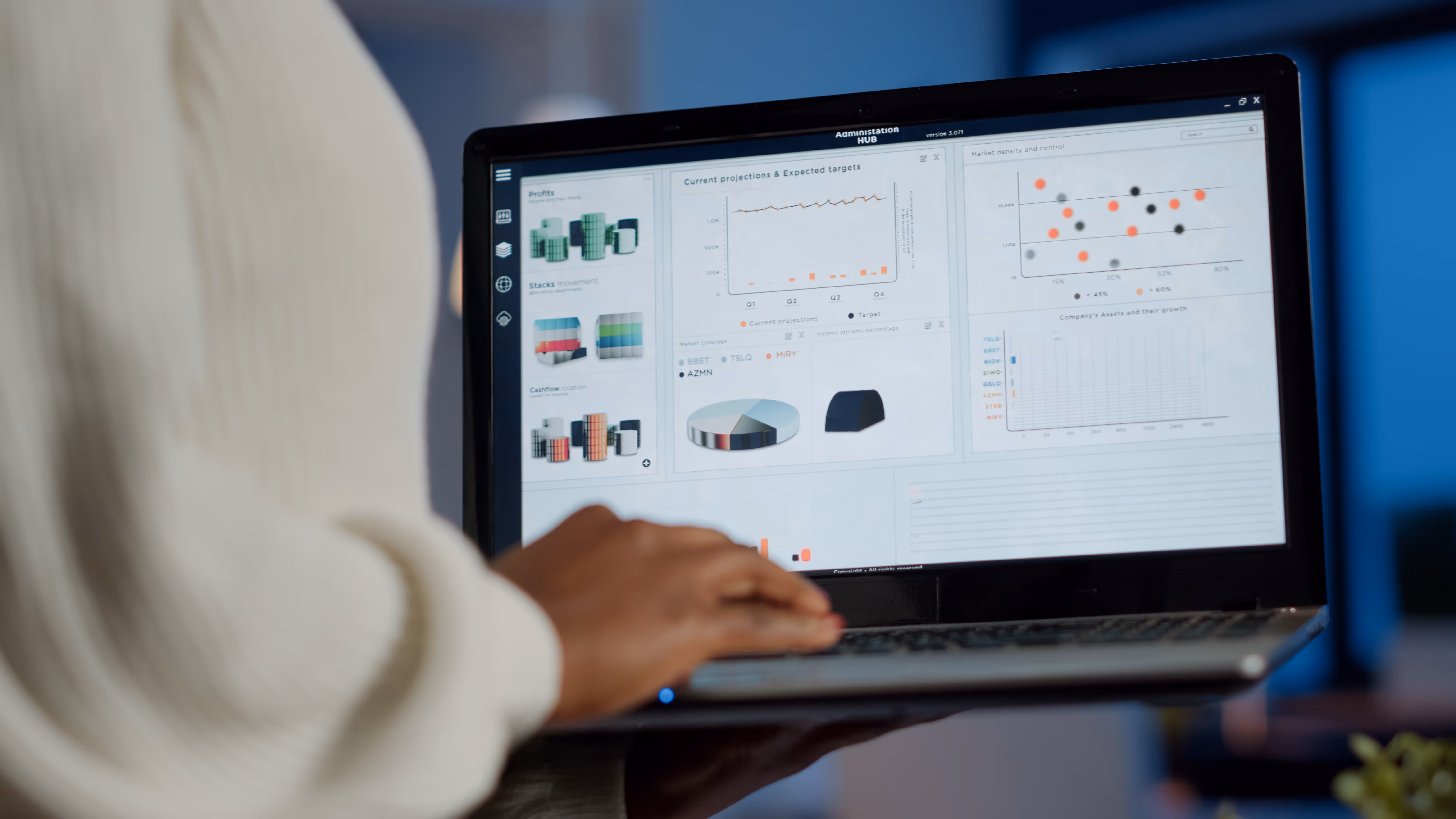 Person using a laptop displaying various business analytics charts and graphs on the screen.