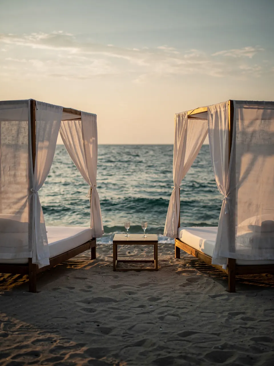 Two canopy day beds on an empty beach before sunset