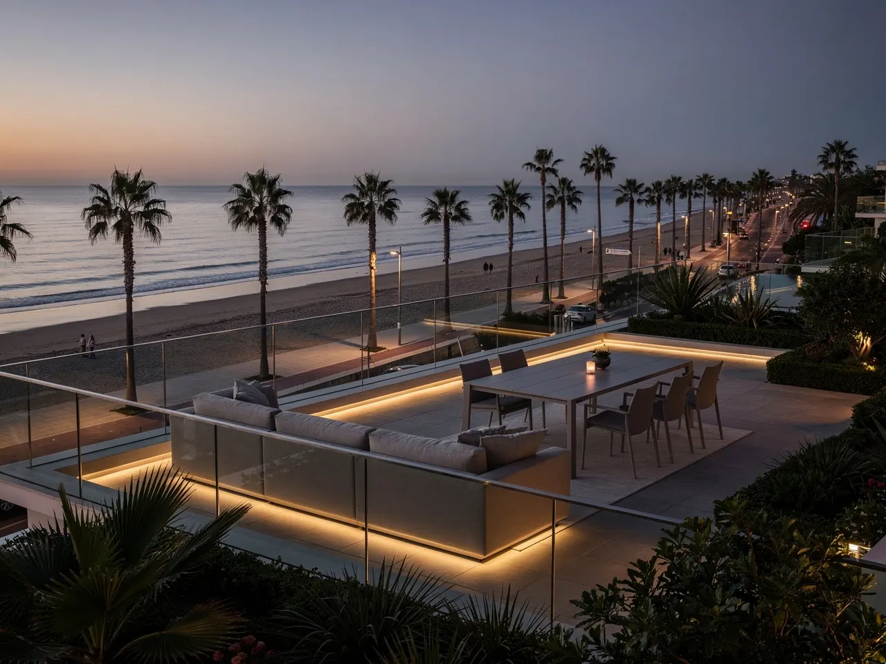 A penthouse terrace with a glass balustrade above the beach at dusk