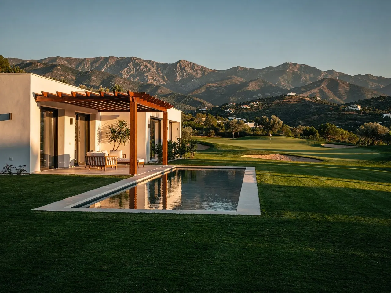 A modern villa with a pool and lawn beside a golf fairway at golden hour
