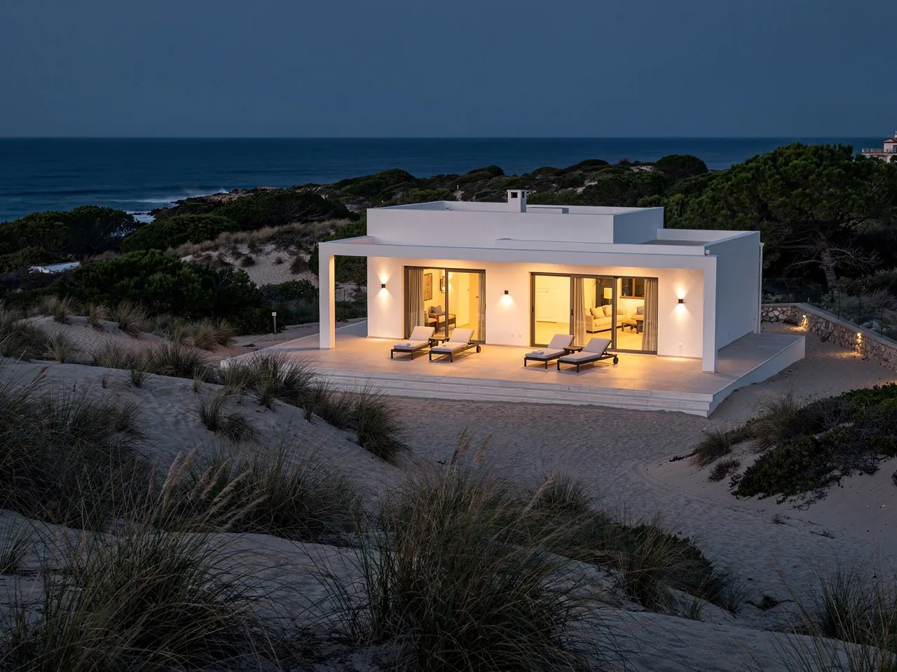 A white beachfront villa seen from the sand at dusk