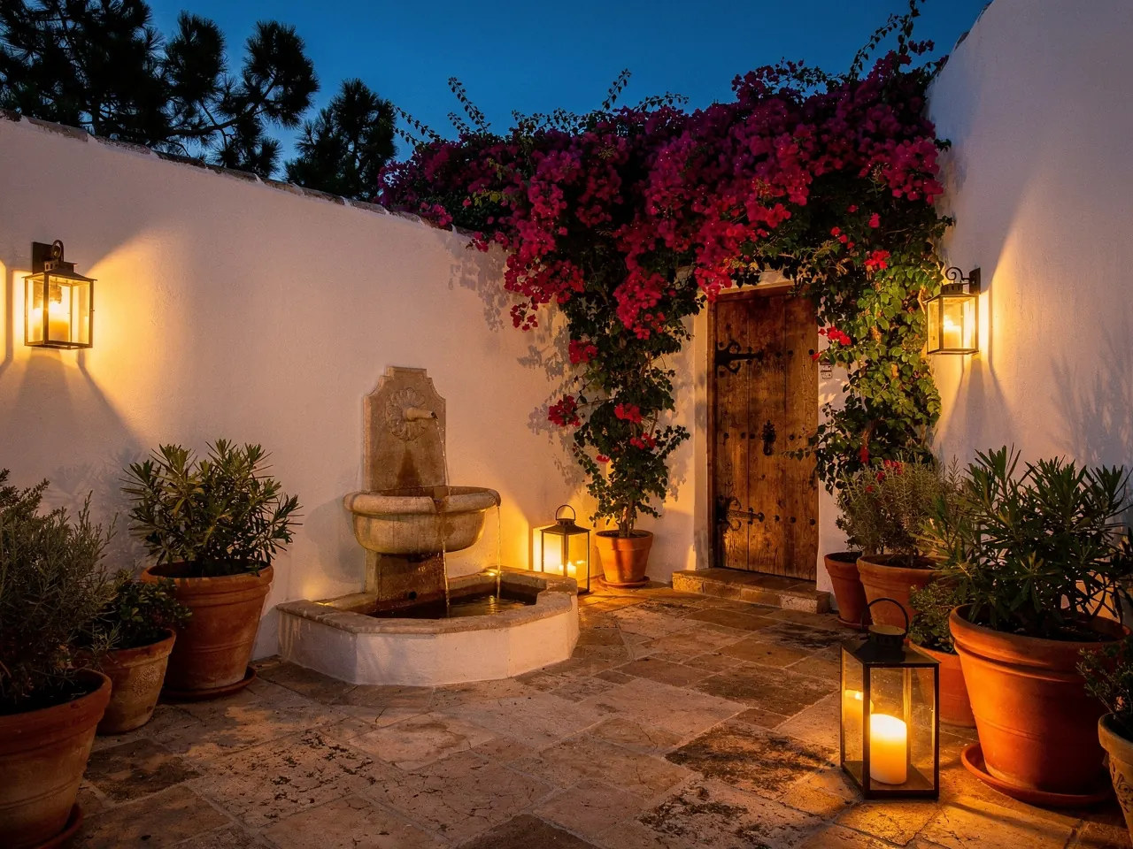 A whitewashed townhouse patio with bougainvillea and lanterns at dusk