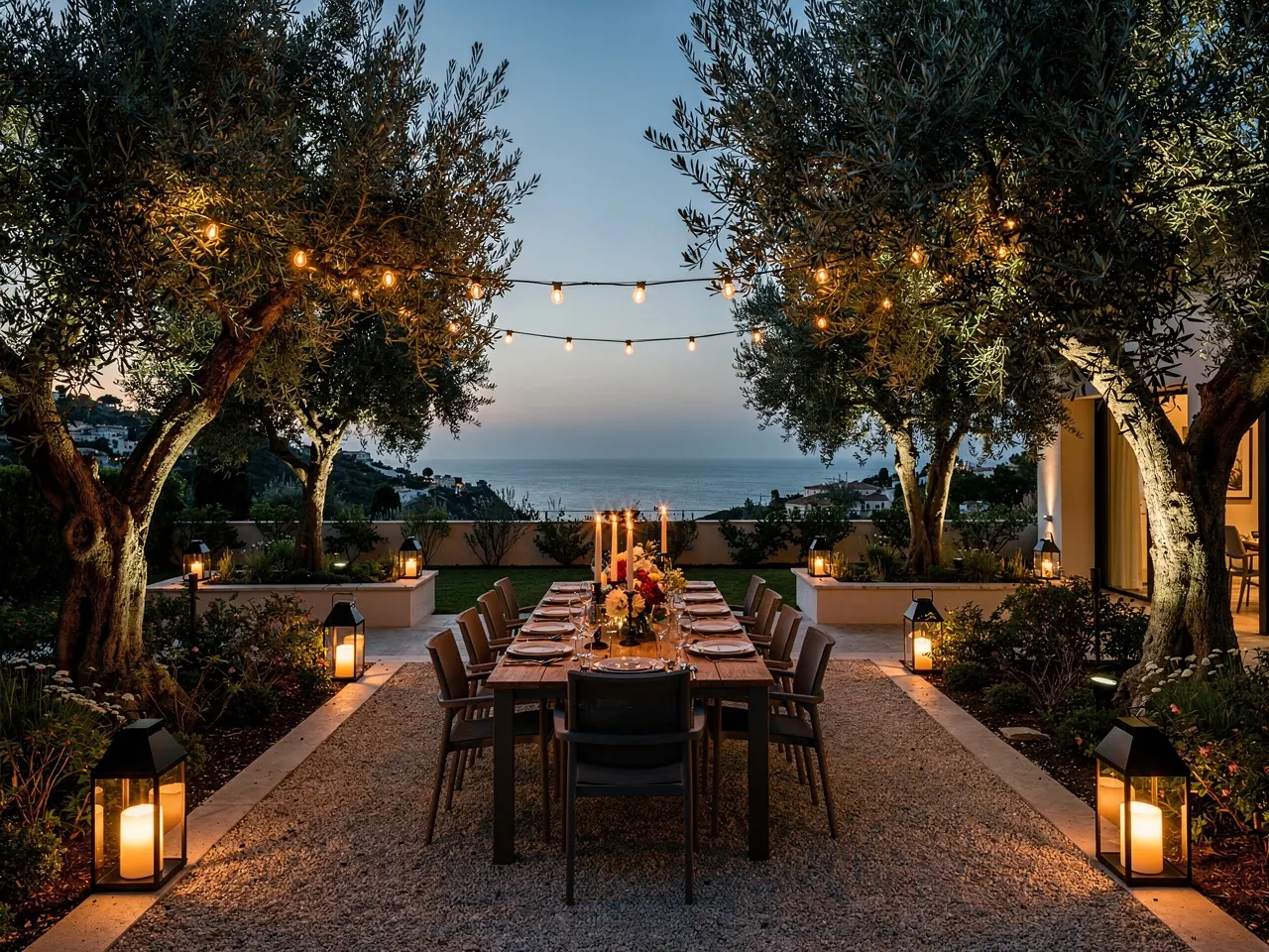 A long candlelit table under festoon lights in a villa garden