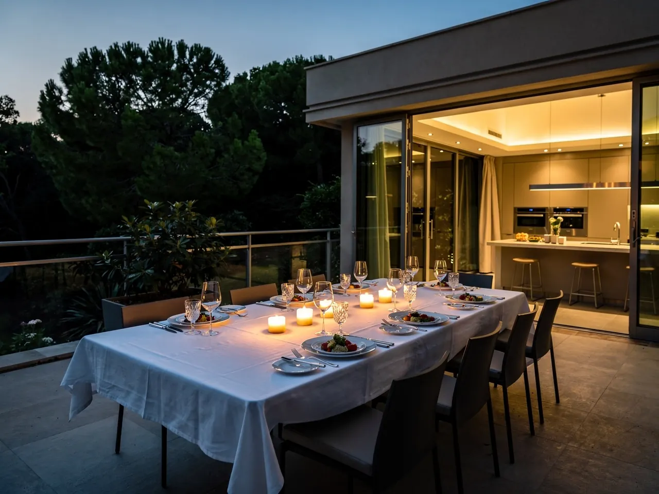 A candlelit dinner table set on a villa terrace at dusk