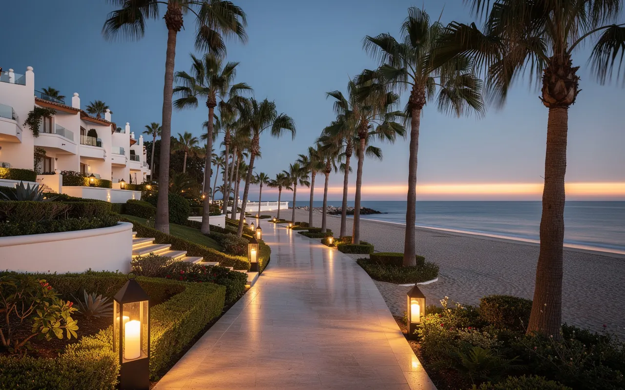 A palm-lined seafront promenade at dusk