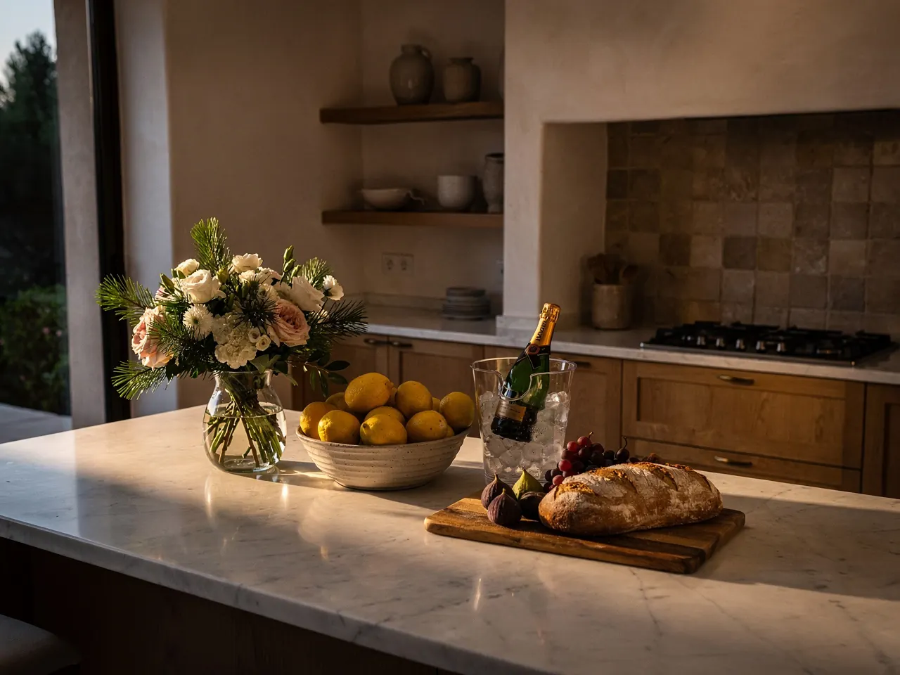 A villa kitchen island with flowers, fruit and a bottle on ice