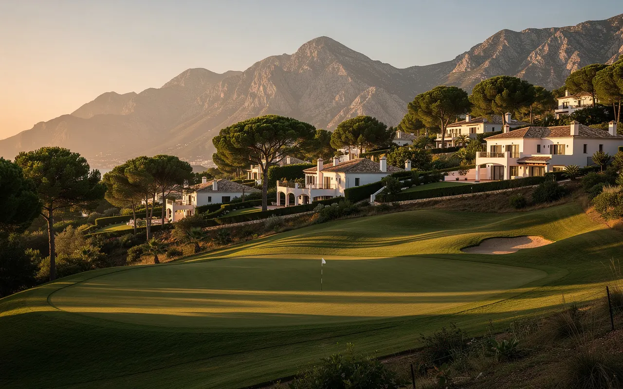 A golf fairway in a valley at golden hour, with villas and mountains behind