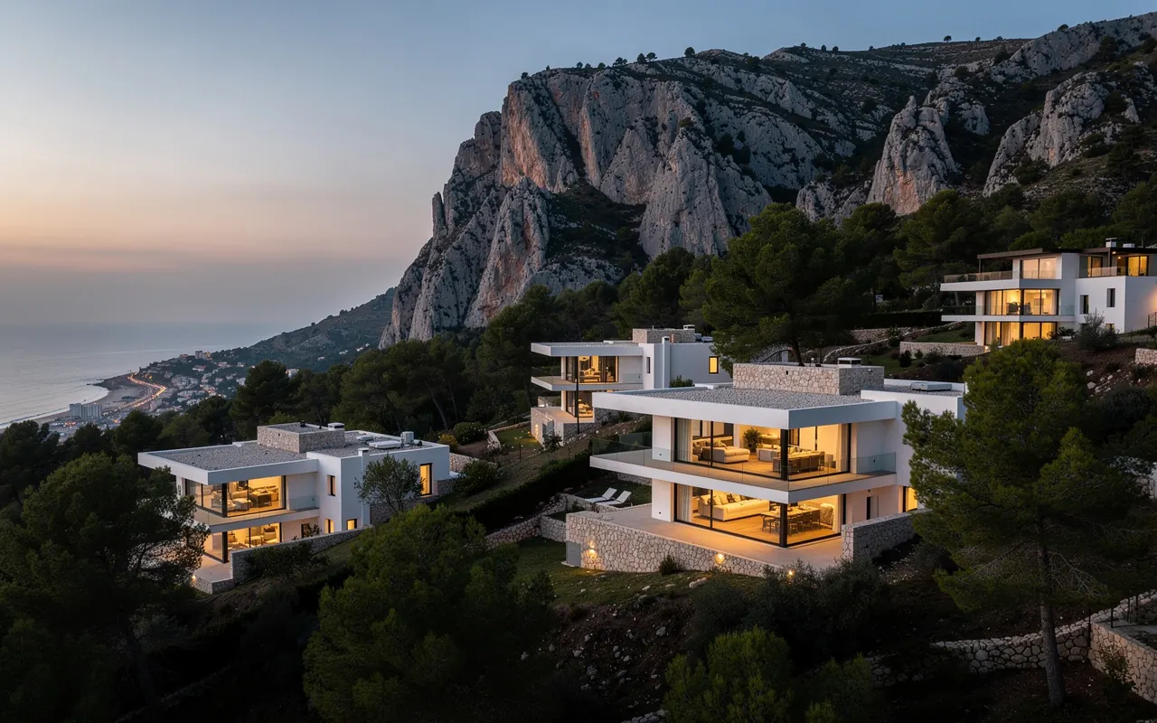 Modern villas on a wooded hillside below a limestone mountain at dusk