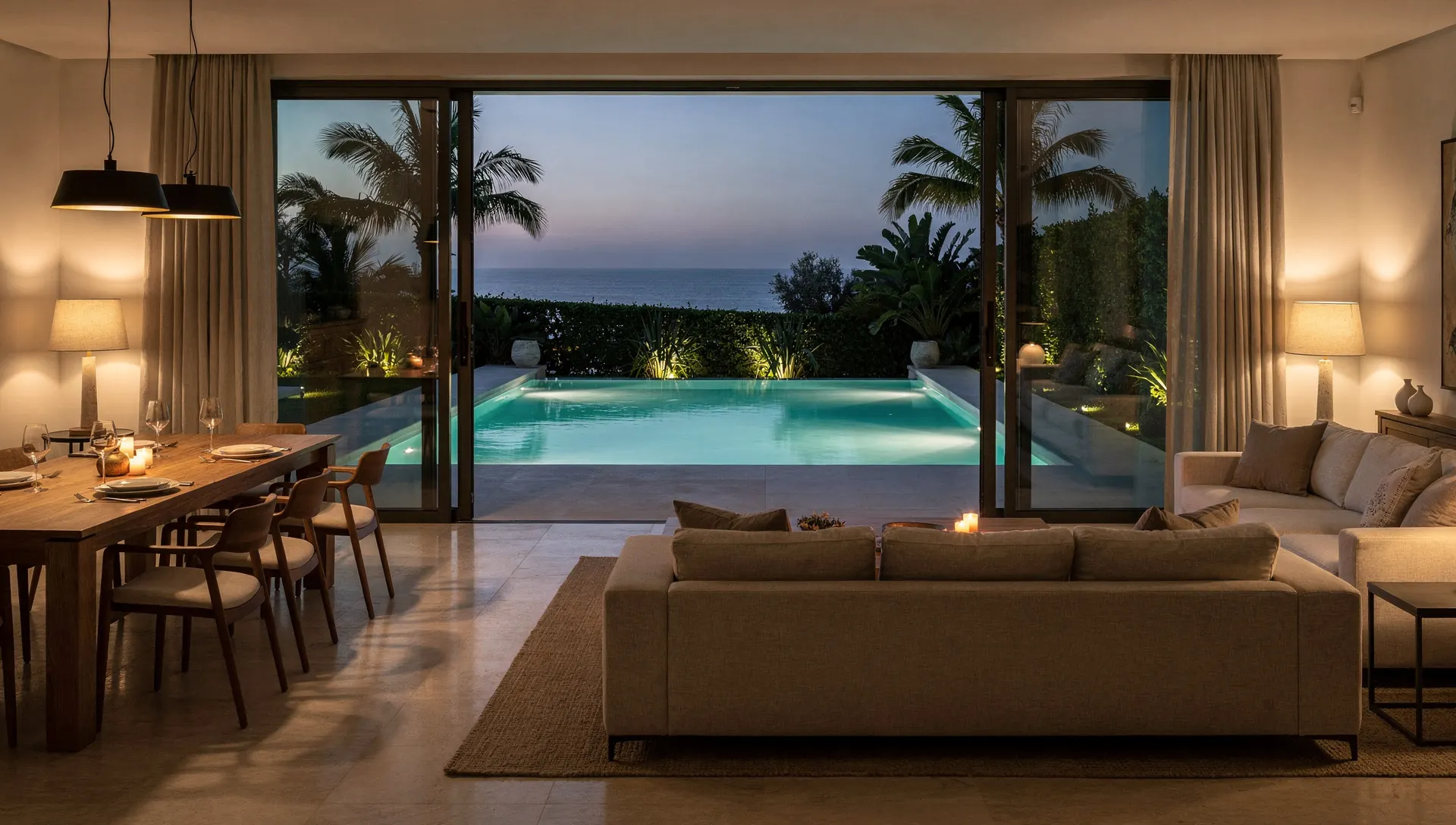 The living room of a holiday villa at dusk, with a dinner table set and glass doors open to a lit pool
