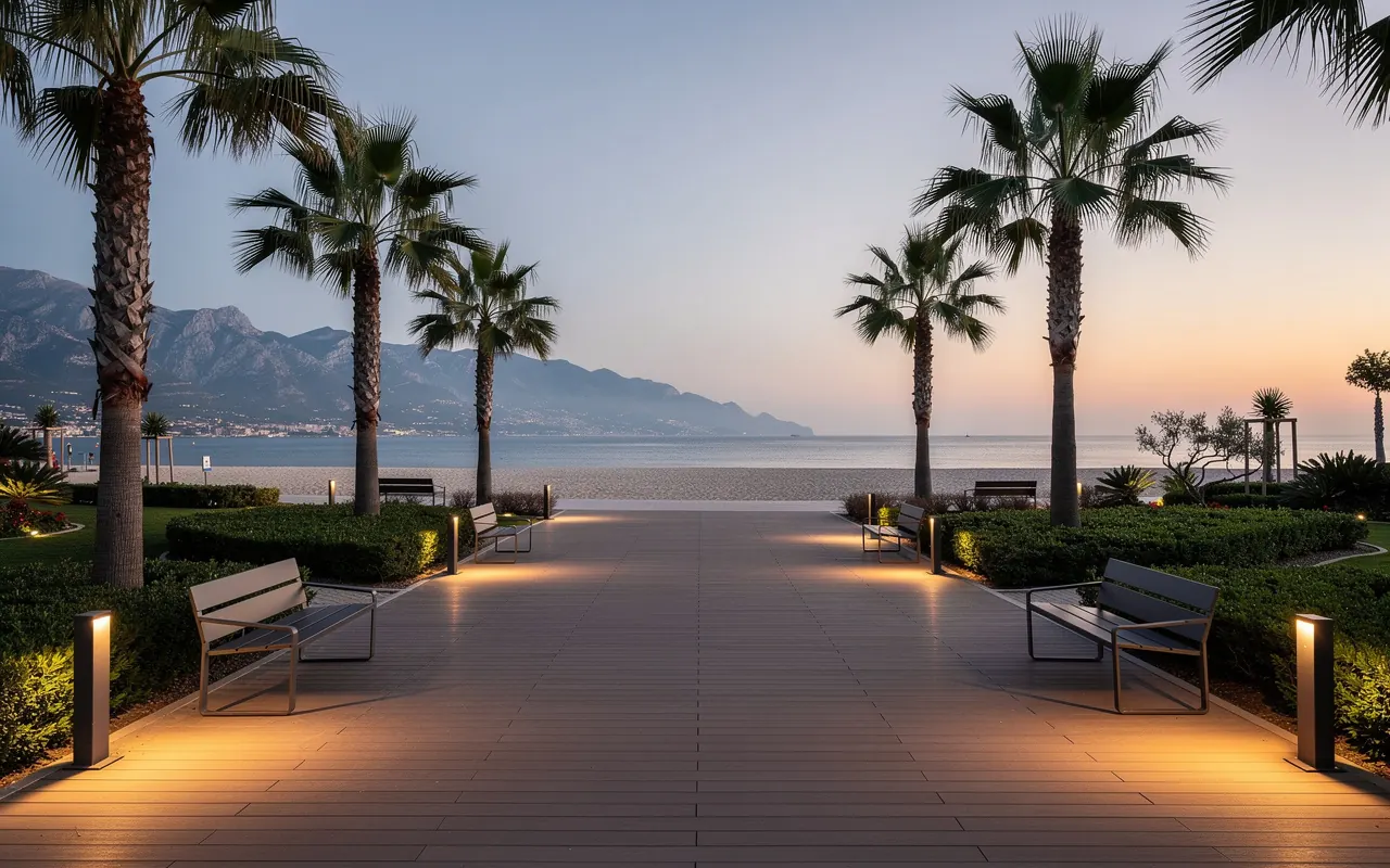 A quiet beachfront promenade with palms at dusk