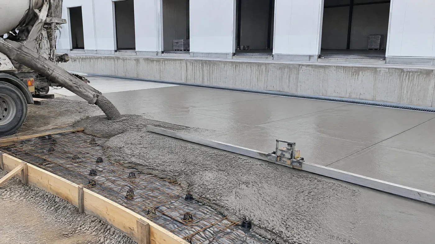 Aire de manœuvre en béton en cours de coulage devant un entrepôt, treillis sur cales, règle vibrante, joints sciés et caniveau au pied du mur de quai