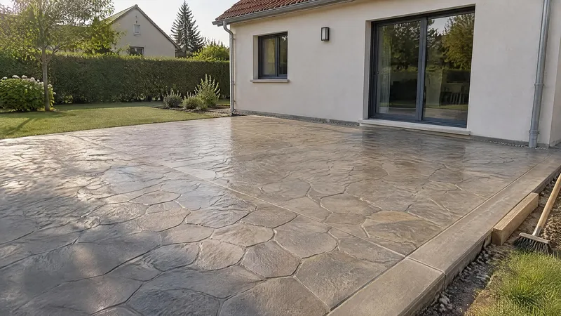 Terrasse en béton imprimé motif pierre naturelle devant une maison enduite, joints sciés et bordure lisse le long du gazon