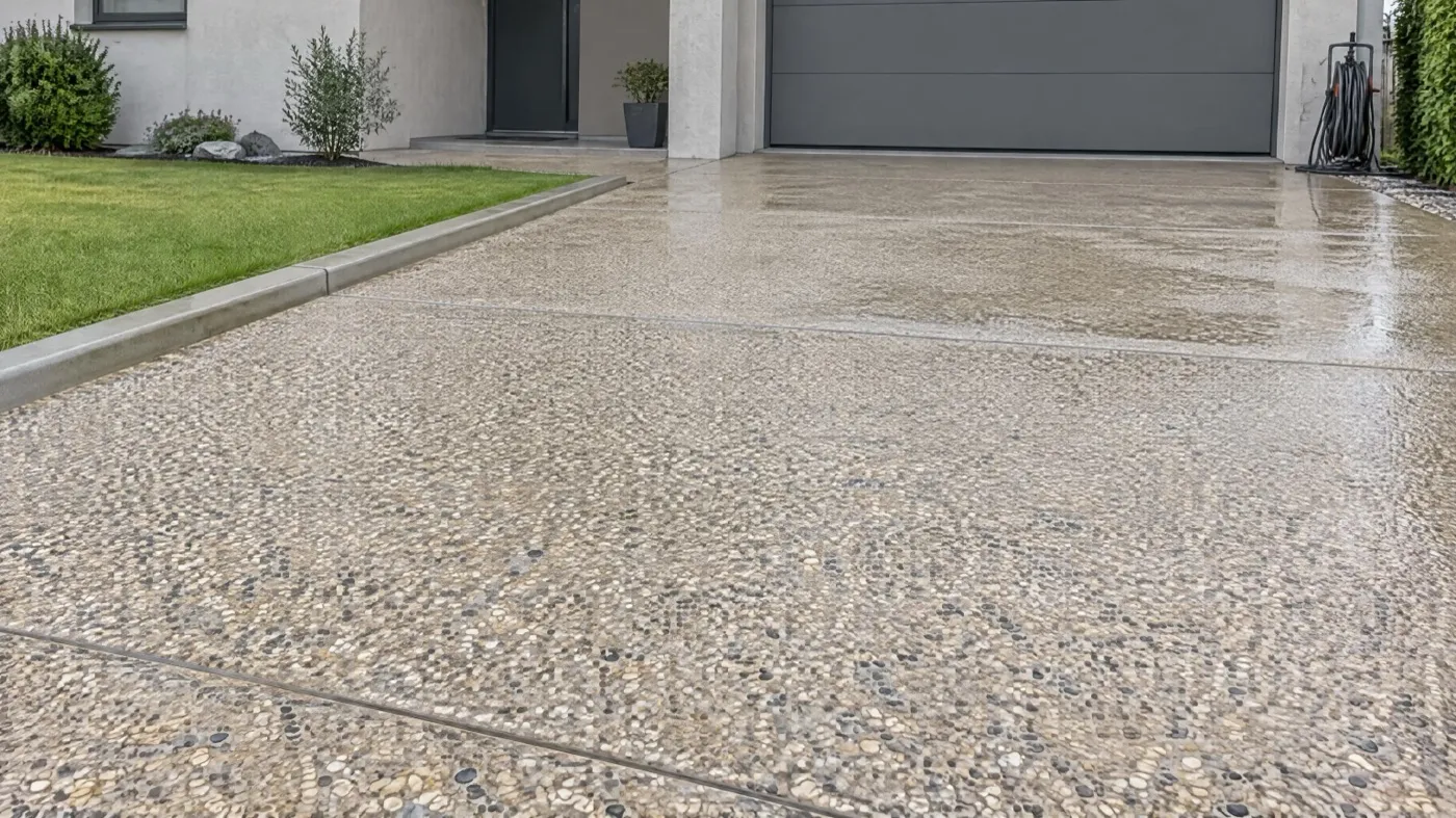 Allée en béton désactivé fraîchement lavée, granulats apparents, joints sciés