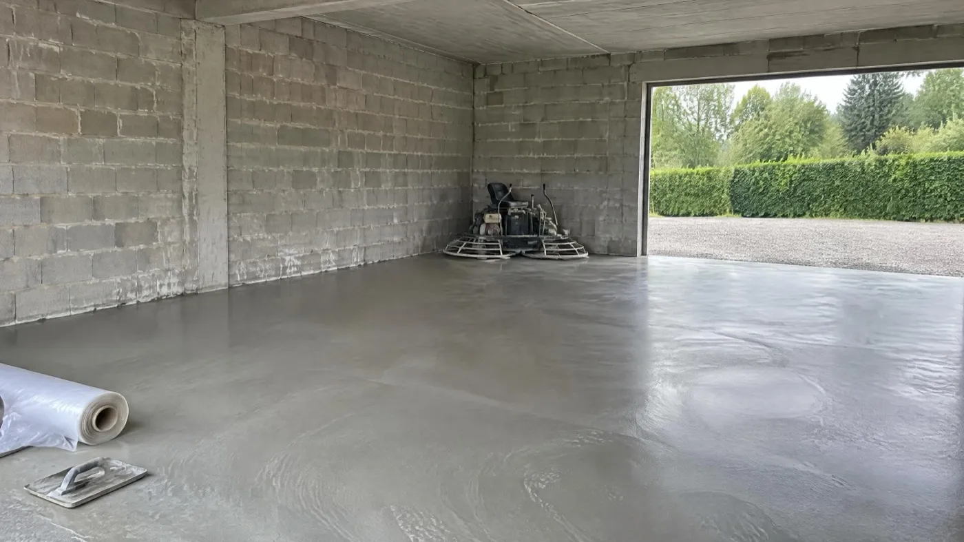 Sol de garage en béton fraîchement lissé, légèrement brillant, lisseuse rotative garée dans l'angle, murs en blocs béton bruts
