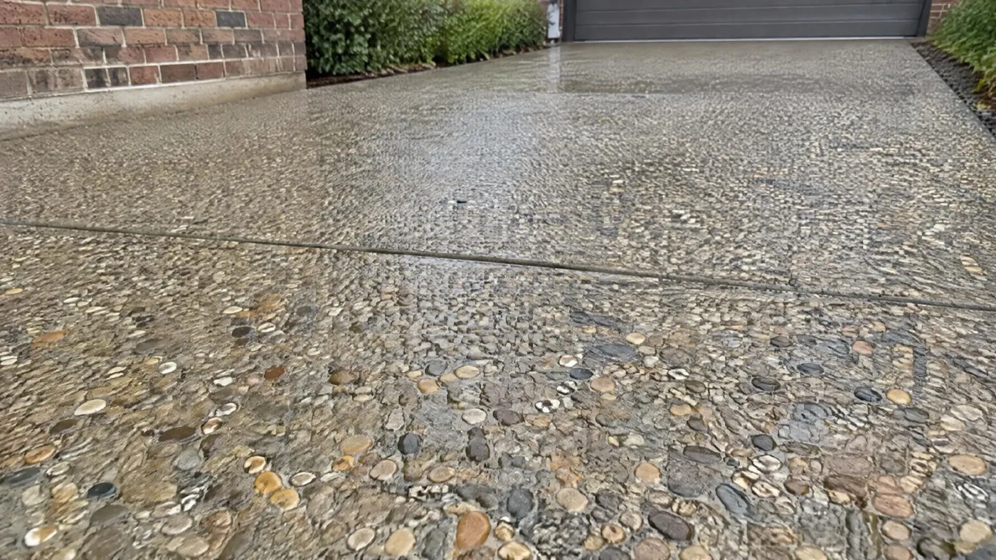 Allée en béton désactivé, galets apparents mouillés, joint scié, mur de briques et haie en fond