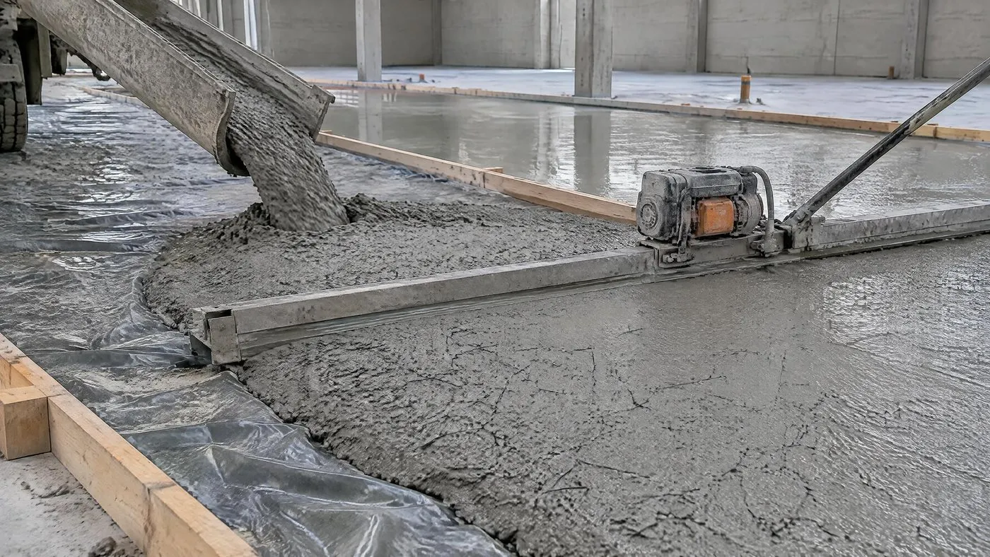 Béton fibré déversé par la goulotte du camion sur le film, règle vibrante qui tire la bande, coffrages bois entre les bandes