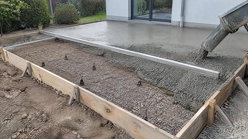 Dalle extérieure en cours de coulage : coffrage bois, treillis sur cales, béton tiré à la règle