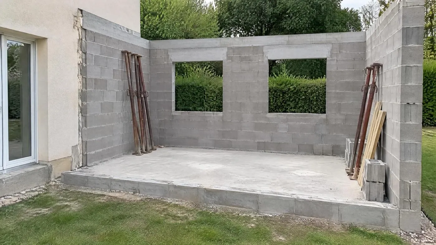 Extension en blocs béton sur sa dalle, avant la pose de la charpente, contre une maison enduite