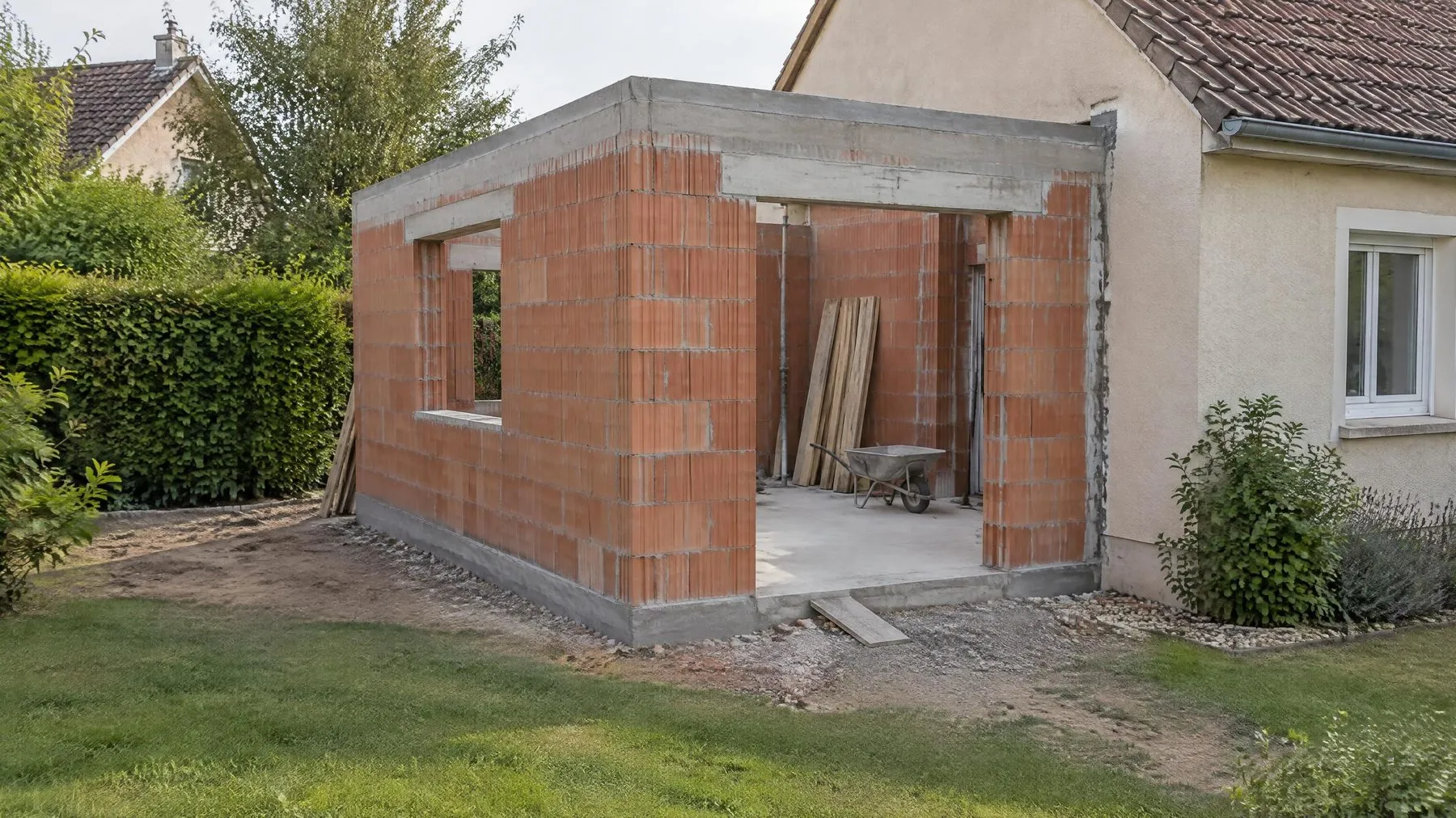 Extension de plain-pied en briques accolée au pignon d'une maison enduite, murs montés jusqu'au chaînage, dalle coulée