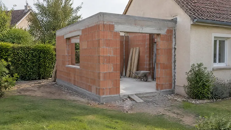 Extension de plain-pied en briques accolée au pignon d'une maison enduite, murs montés jusqu'au chaînage, dalle coulée