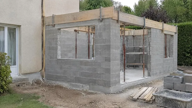 Extension en blocs béton en cours de construction contre une maison enduite, joint vertical au raccord, coffrage en tête des murs et étais