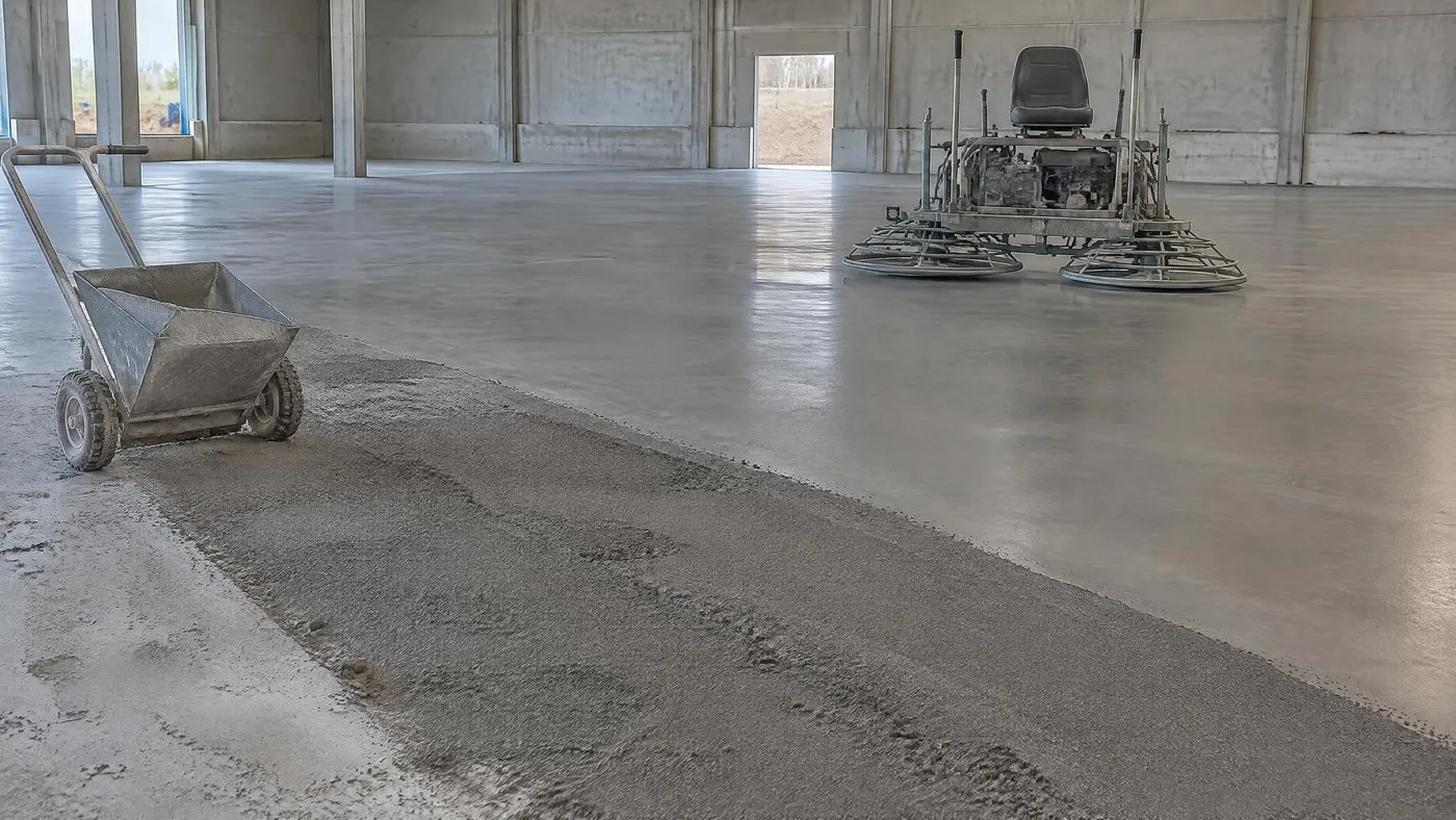 Sol de hall en béton frais en cours de finition, durcisseur quartz saupoudré au premier plan, lisseuse à double rotor à l'arrière-plan
