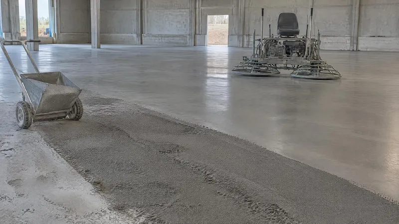 Bande de durcisseur quartz gris saupoudrée sur un béton encore frais, avant lissage