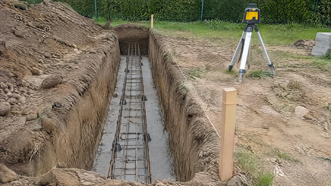 Tranchée de fondation ferraillée sur béton de propreté, niveau laser sur trépied au bord de la fouille