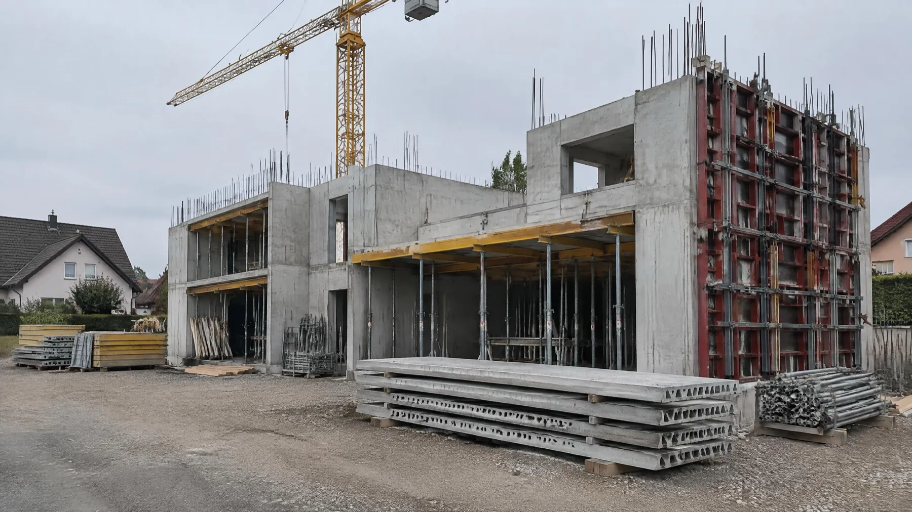 Petit collectif R+1 en construction : voiles béton coulés en place, banches métalliques serrées sur un voile, plancher étayé, attentes d'aciers, grue à tour