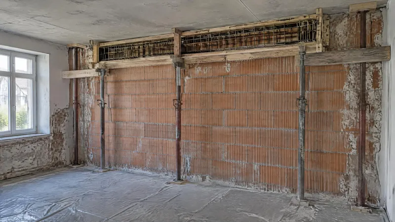 Linteau béton armé coffré et ferraillé au-dessus d'une future ouverture, étais en place
