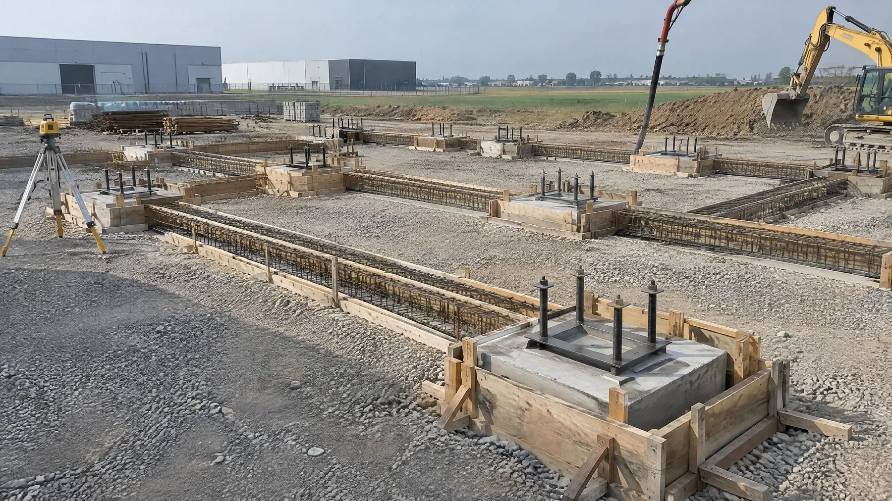 Infrastructure d'un bâtiment industriel avant la charpente : semelles isolées coffrées avec tiges d'ancrage sur gabarit, longrines ferraillées, plateforme de grave