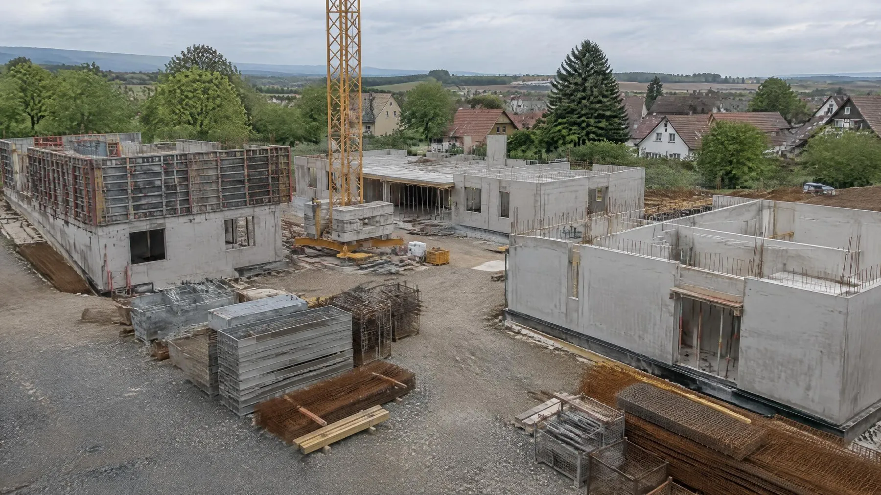 Chantier de logements collectifs en béton coulé en place, grue à tour et banches