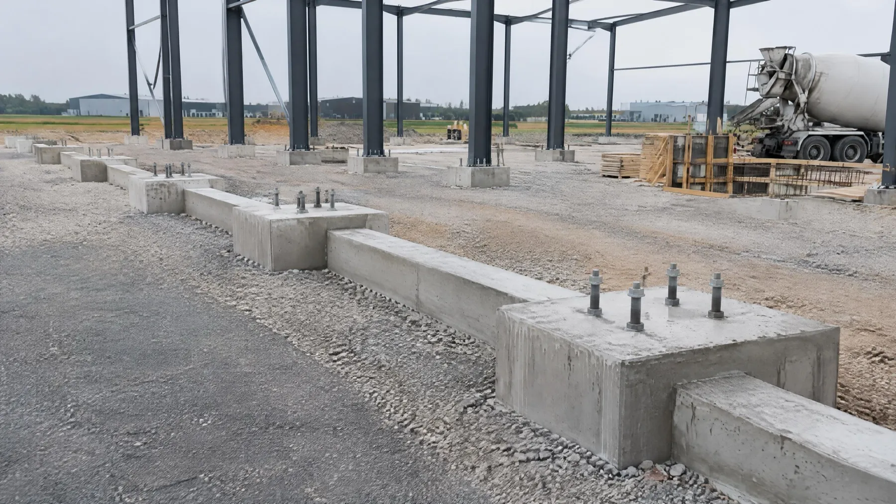 Hall industriel en construction : semelles isolées et massifs en béton avec tiges d'ancrage, longrines sur grave compactée, premiers portiques métalliques montés