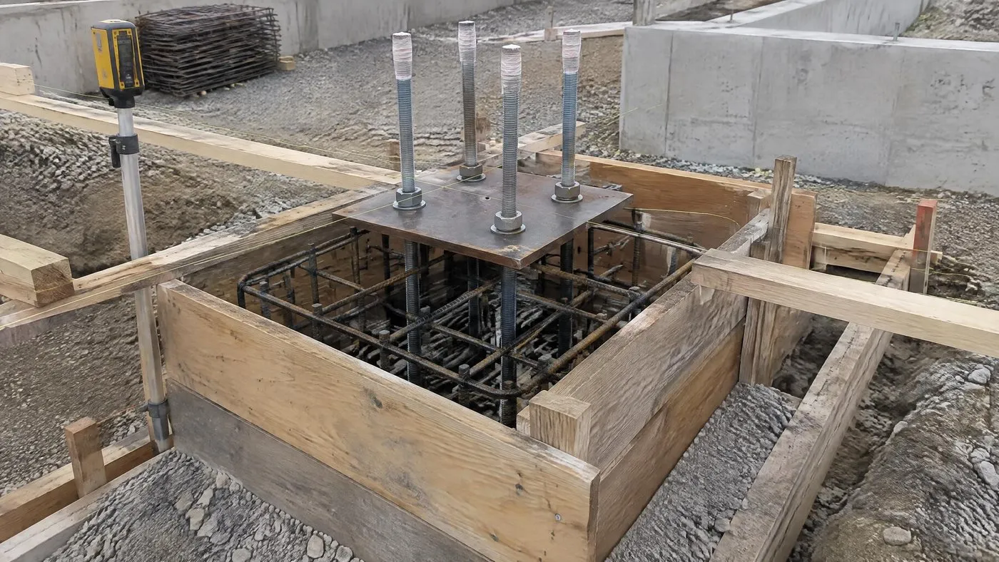 Massif de pied de poteau coffré avec sa cage d'armatures, gabarit métallique et quatre tiges d'ancrage filetées avant coulage