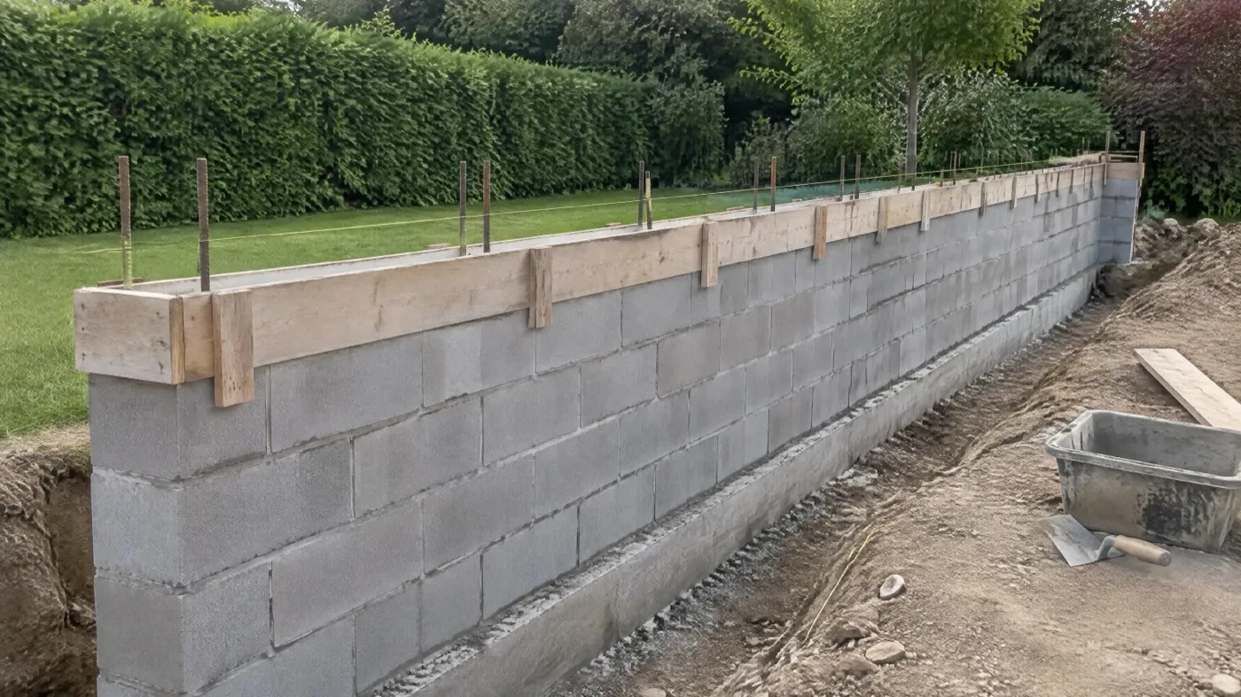 Mur de clôture en blocs béton en cours d'élévation sur sa semelle, aciers en attente et coffrage du chaînage haut, haie en limite