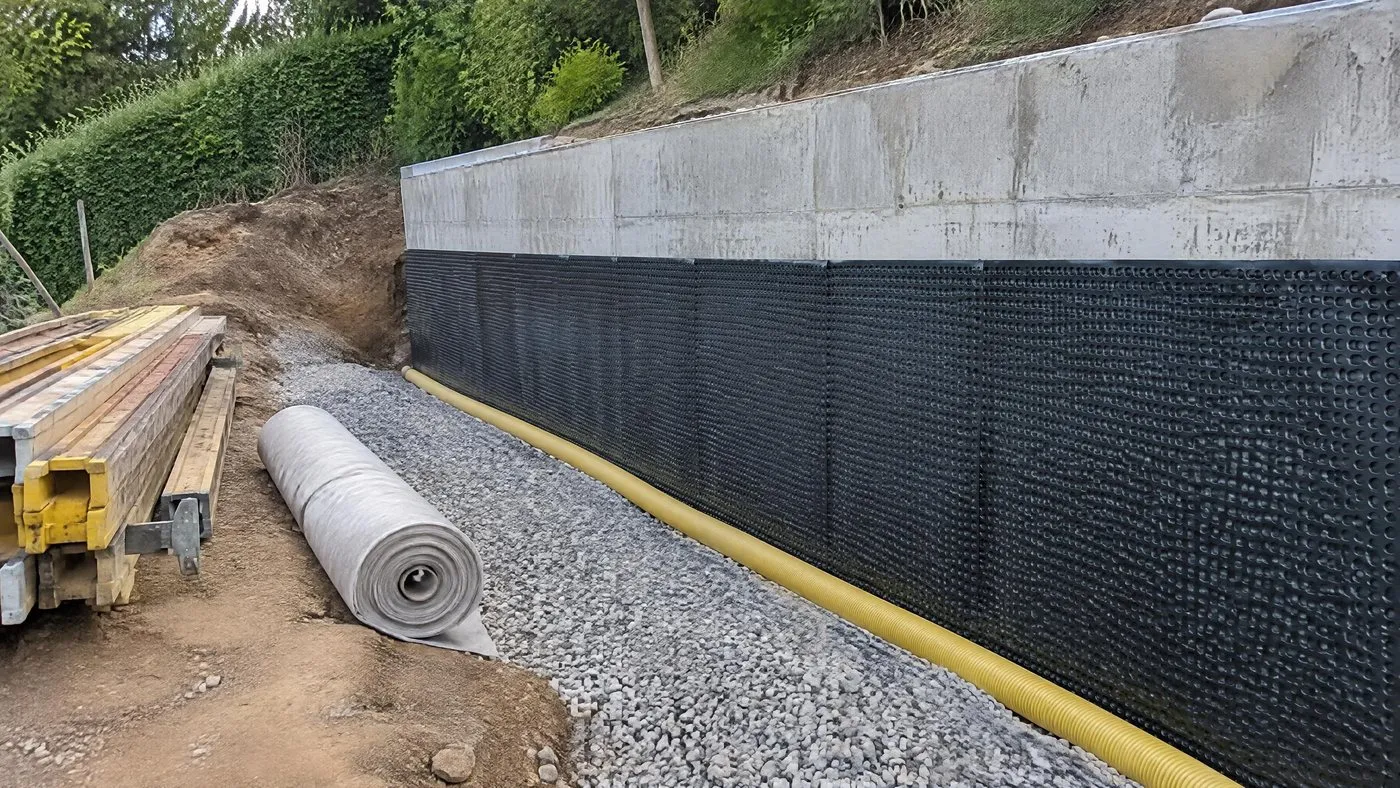 Face arrière d'un mur de soutènement béton avec membrane noire à excroissances, drain jaune en pied et lit de gravier
