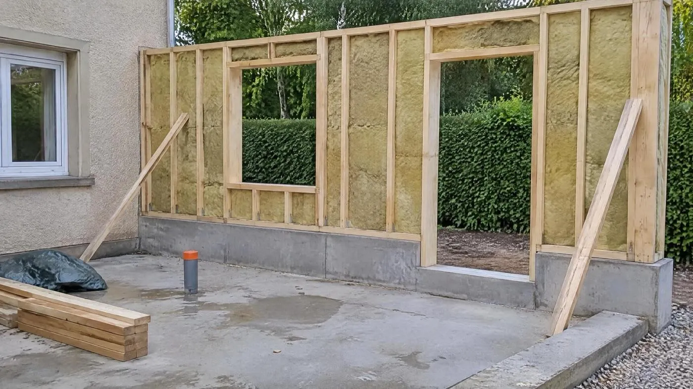 Panneau de mur à ossature bois isolé posé sur un soubassement en béton armé, contreventé provisoirement