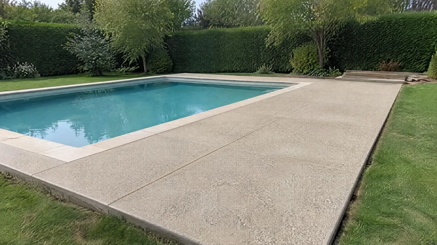 Plage de piscine en béton désactivé clair à granulats fins, joints sciés et margelles en pierre, gazon et haie autour