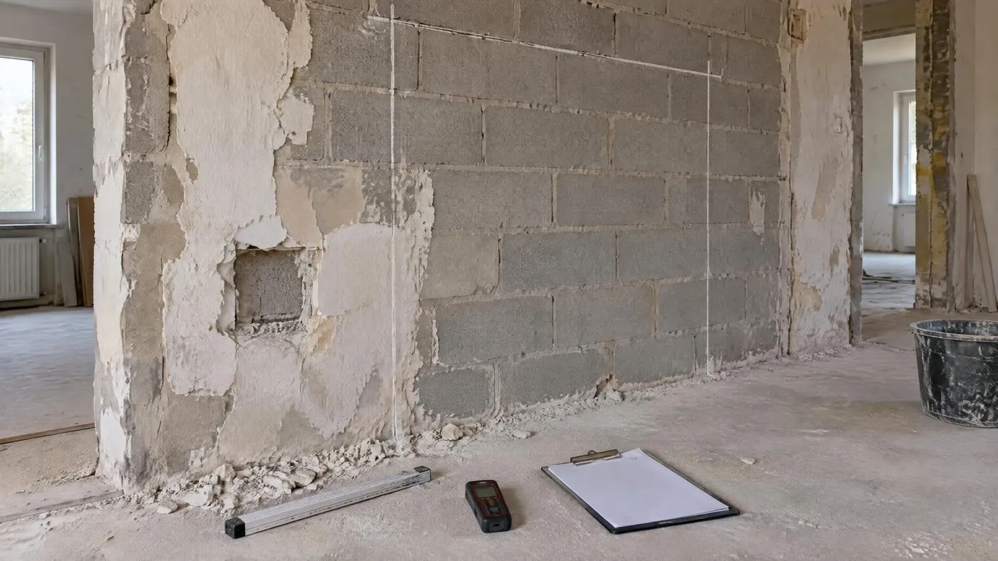 Relevé de chantier, mètre et carnet sur un mur