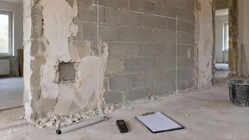 Relevé de chantier, mètre et carnet sur un mur