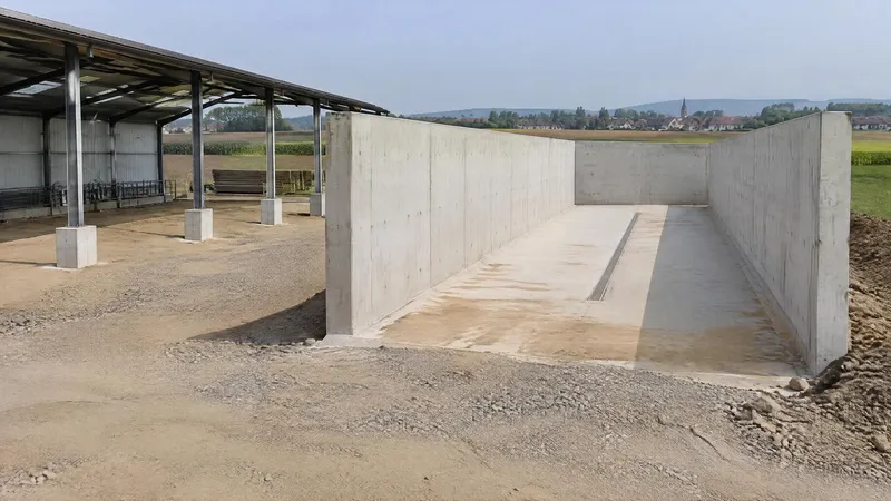 Murs de silo couloir en béton coulé en place et dalle en pente avec caniveau