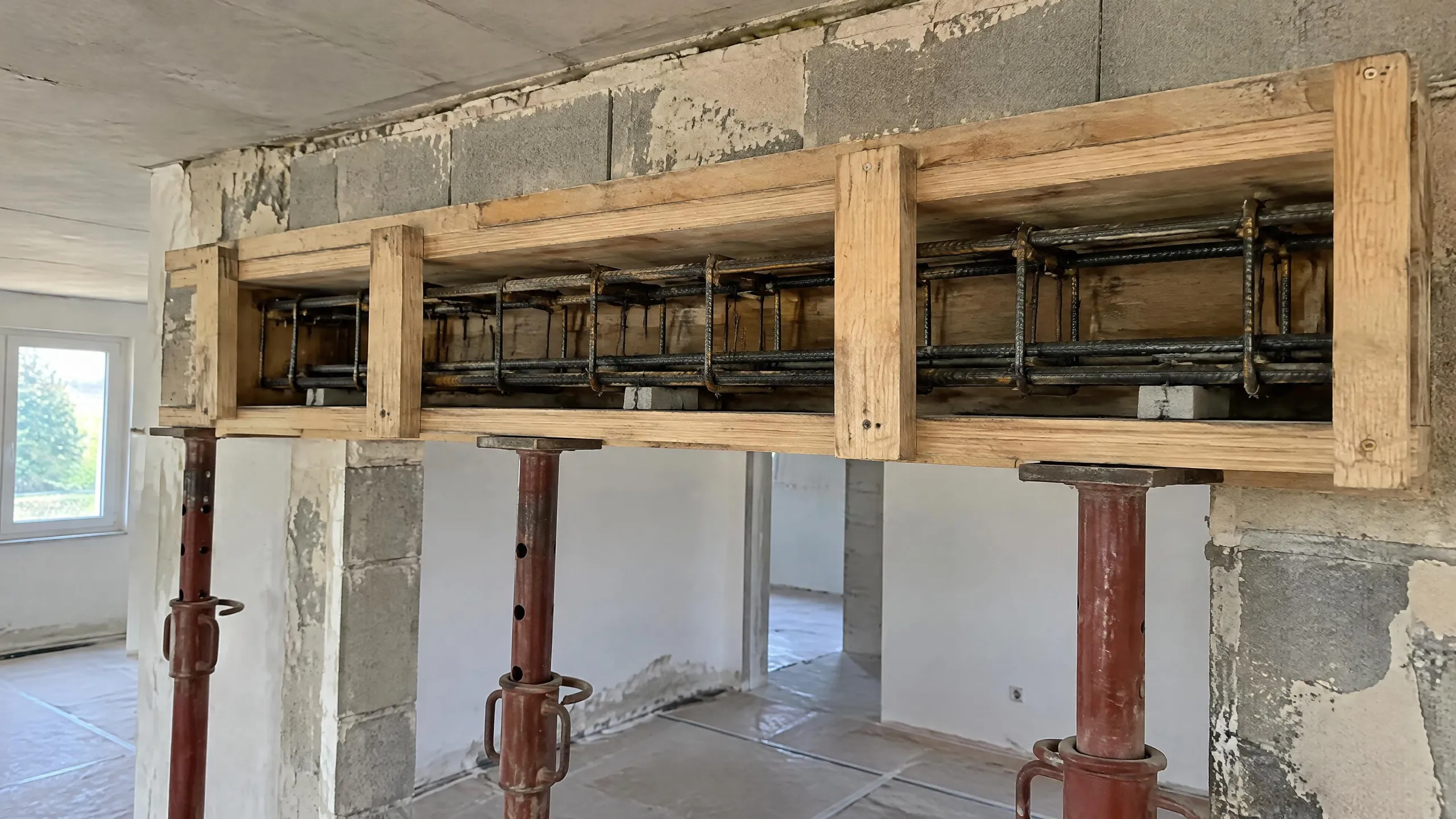 Coffrage bois d'un linteau béton armé au-dessus d'une future ouverture, ferraillage visible, étais en place